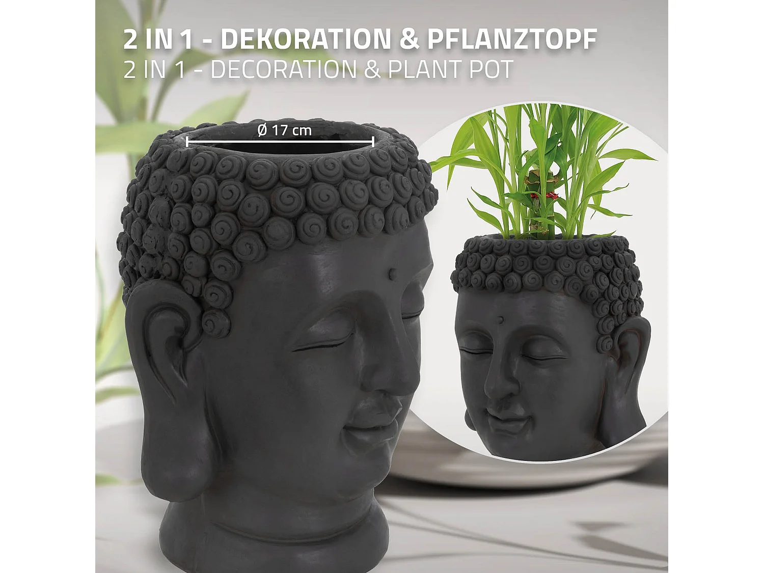 Figura decorativa maceta jarrón florero cabeza de Buda 23 x 23 x 44 cm jardinera