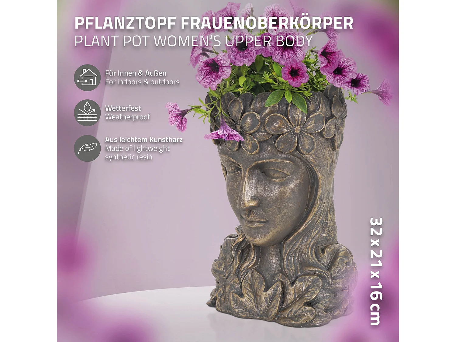 Statua testa dea fioriera scultura da giardino 21x16x32 cm in poliresina bronzo