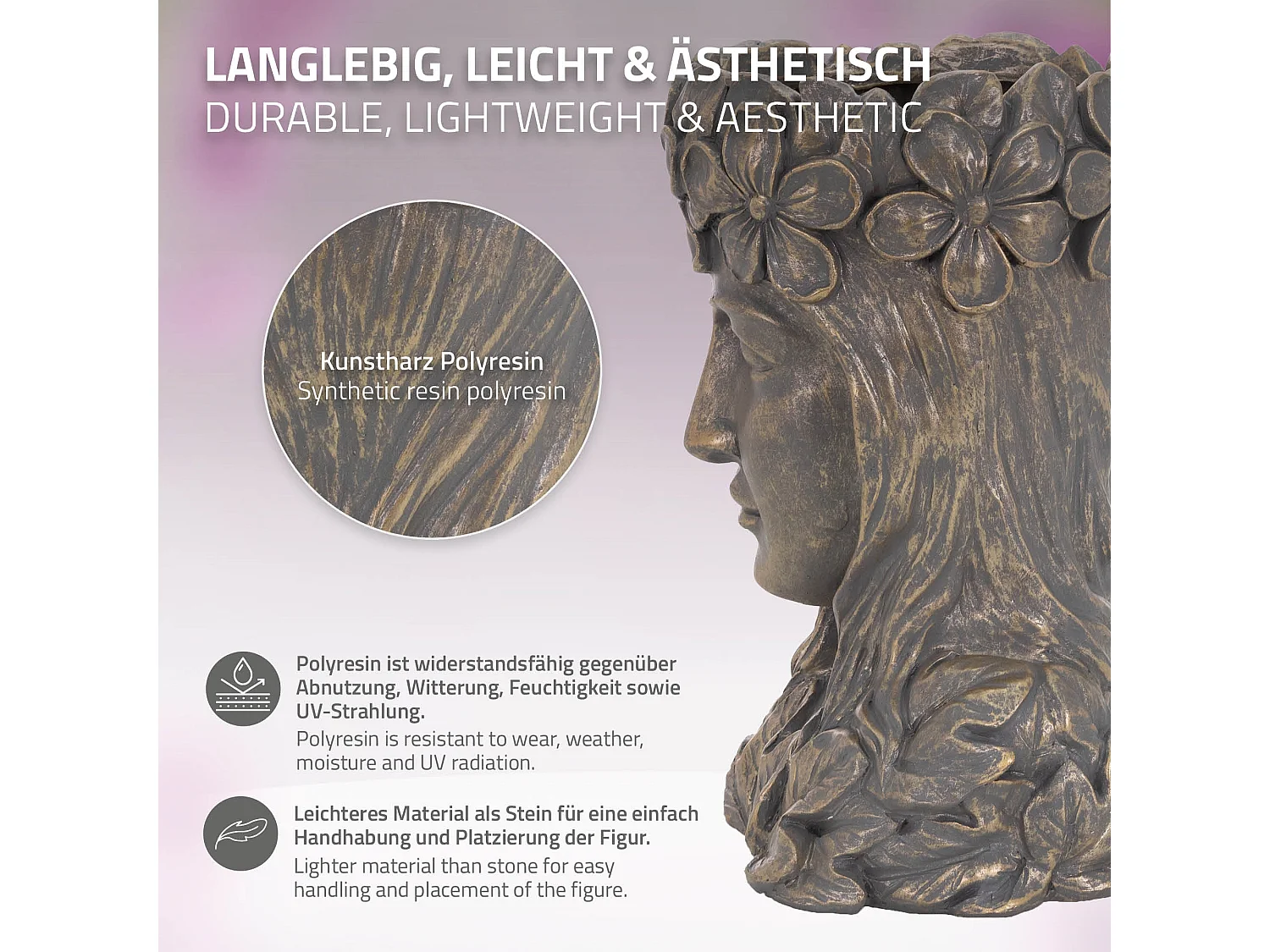 Statua testa dea fioriera scultura da giardino 21x16x32 cm in poliresina bronzo