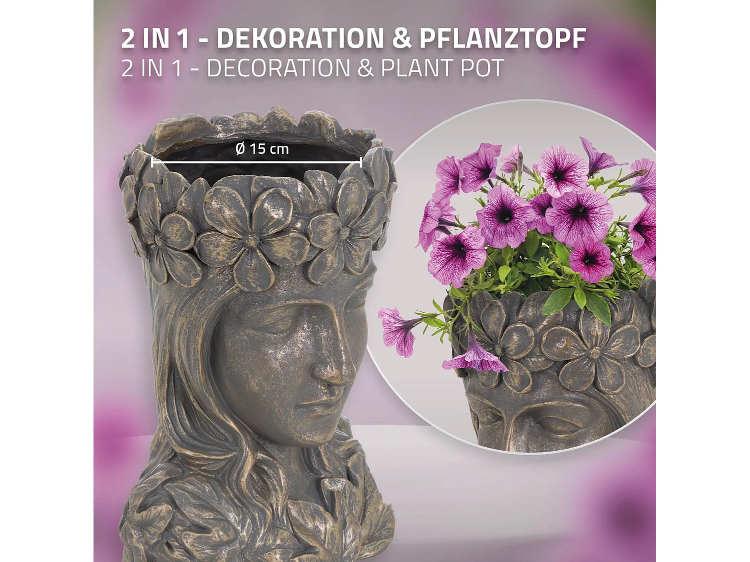 Statua testa dea fioriera scultura da giardino 21x16x32 cm in poliresina bronzo