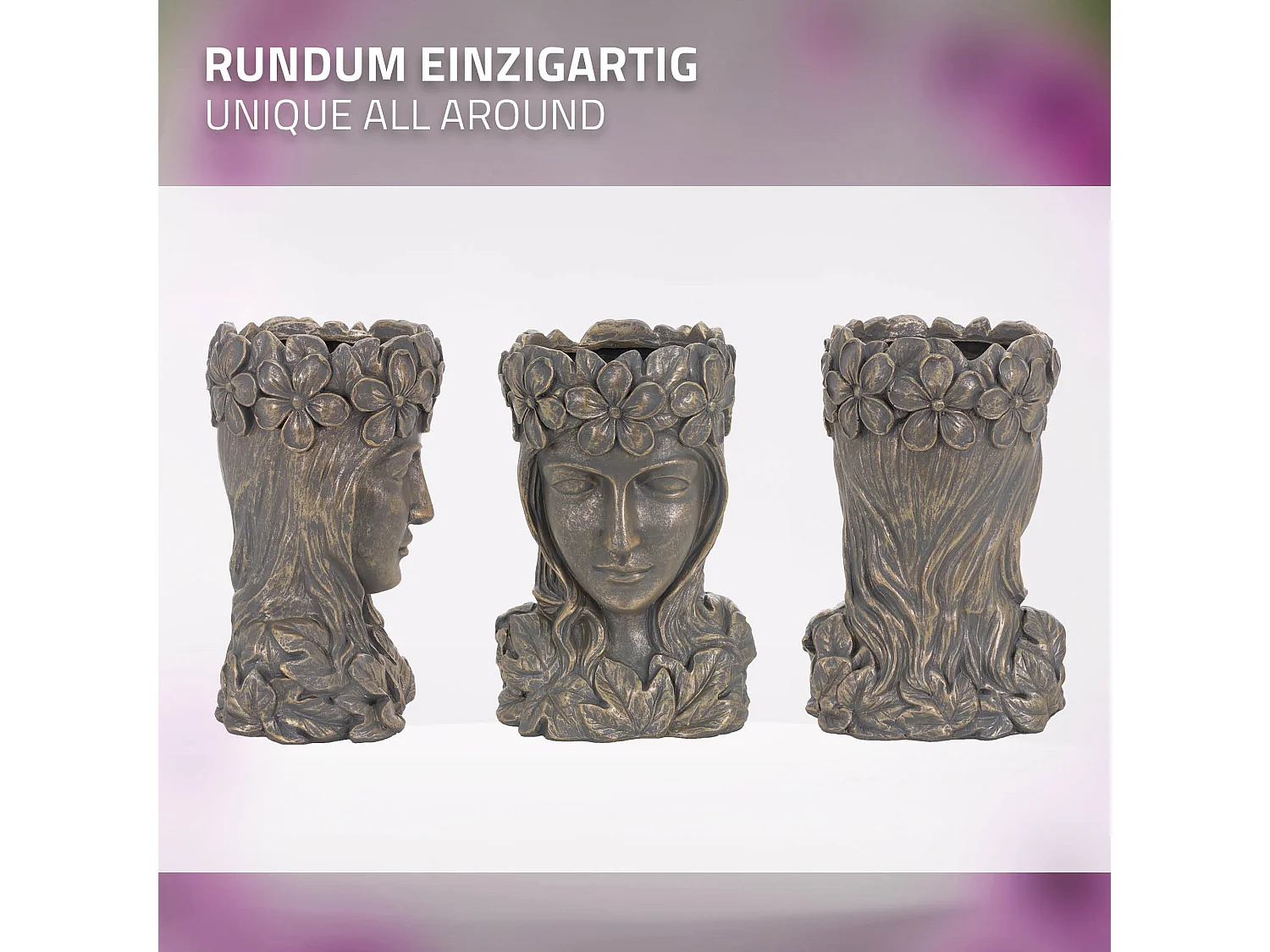 Statua testa dea fioriera scultura da giardino 21x16x32 cm in poliresina bronzo