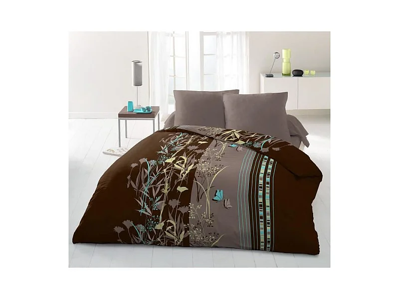 Parure de Couette Microfibre PHILOSOPHIE Chocolat 220x240 cm avec 2 Taies 63x63 cm - Lit 2 Personnes