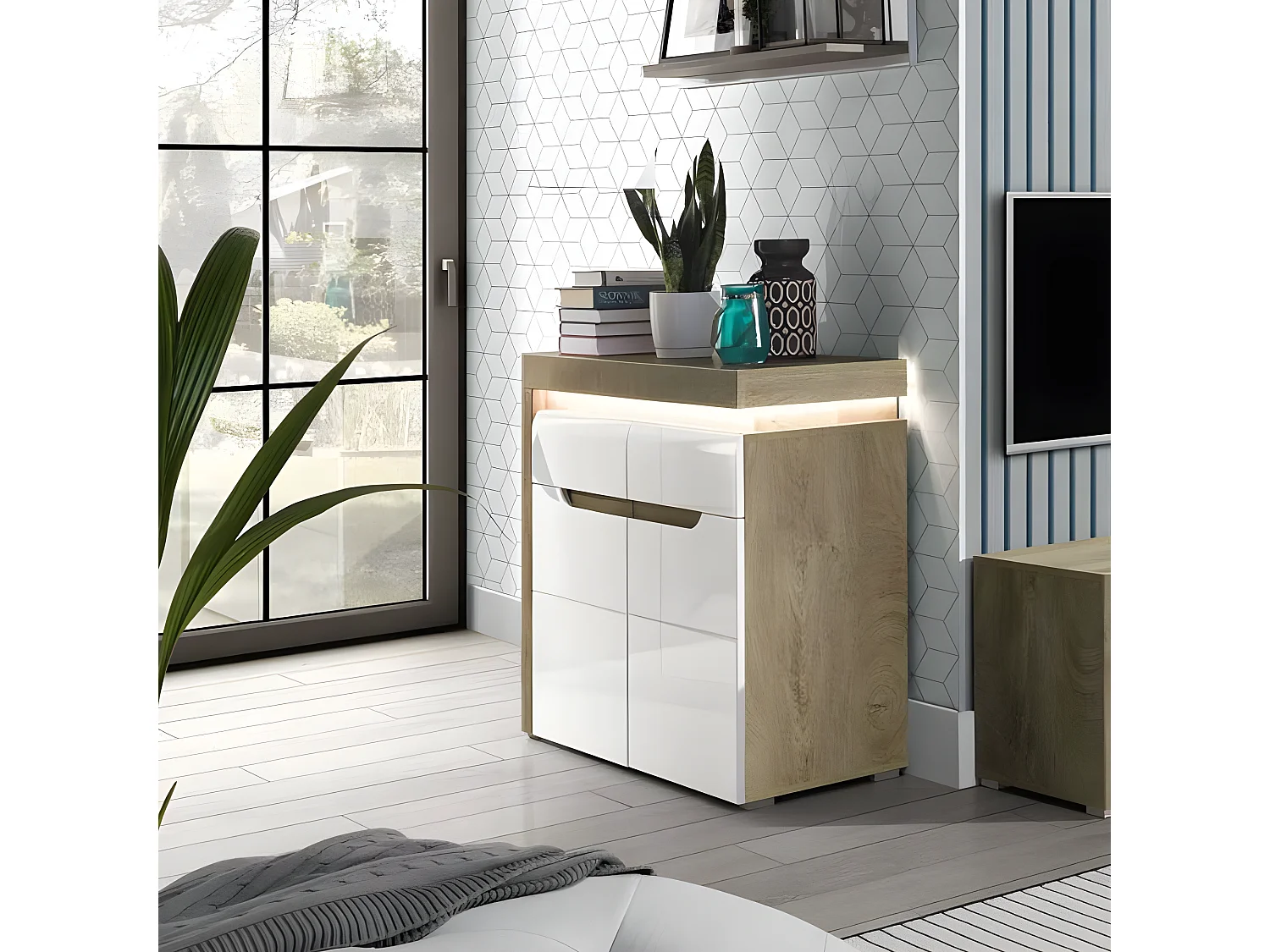 Buffet 2 portes 1 tiroir Blanc/Chêne à LED - KIELE - L 100 x l 39 x H 89 cm