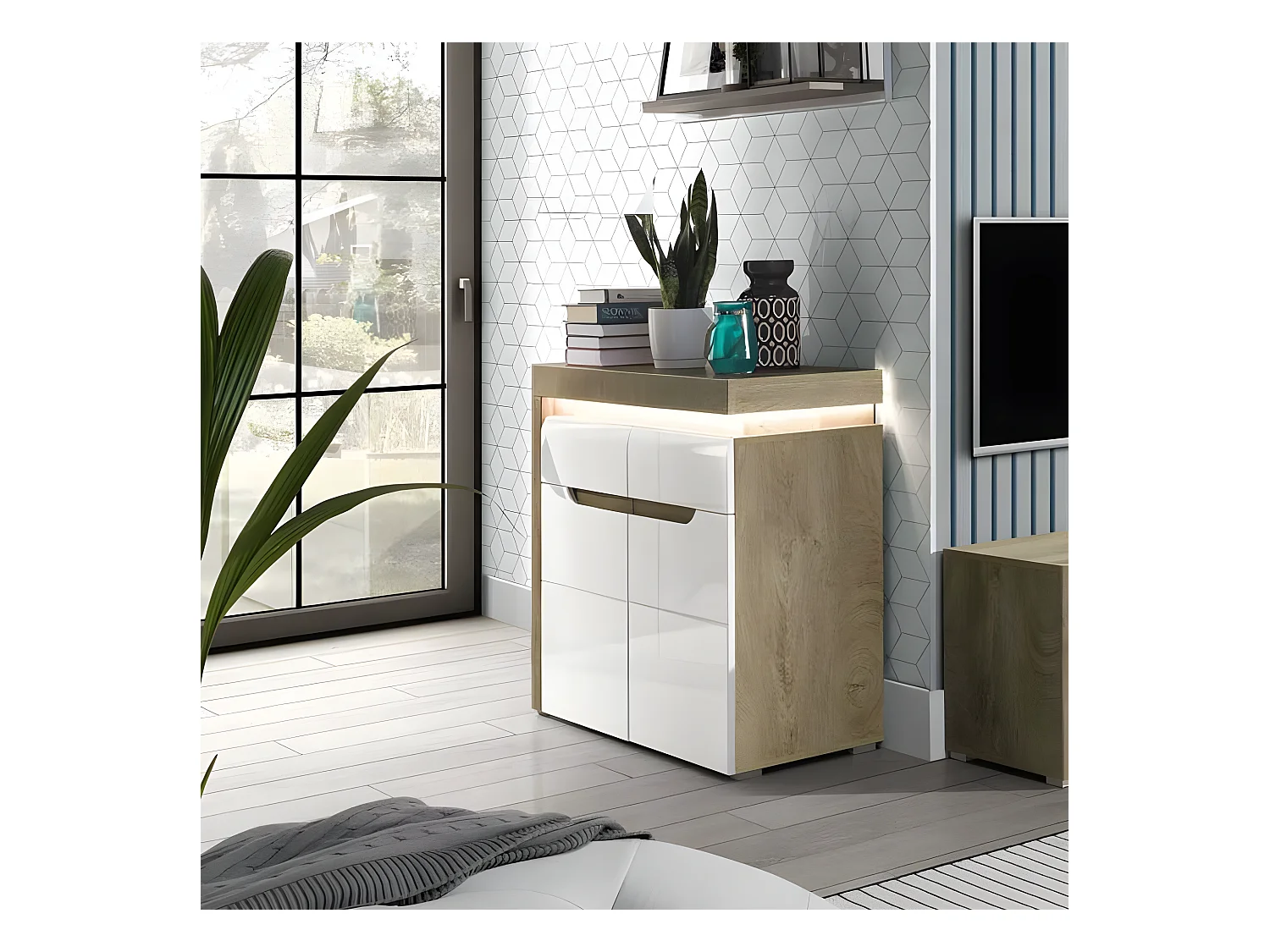 Buffet 2 portes 1 tiroir Blanc/Chêne à LED - KIELE - L 100 x l 39 x H 89 cm