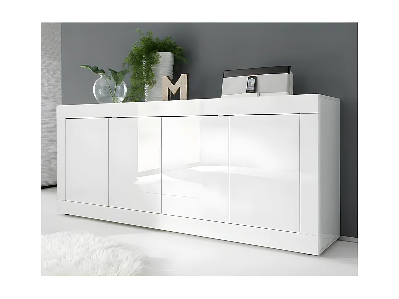 Buffet moderne 4 portes en bois Blanc laqué brillant - MILAN - L 207 x l 43 x H 86 cm