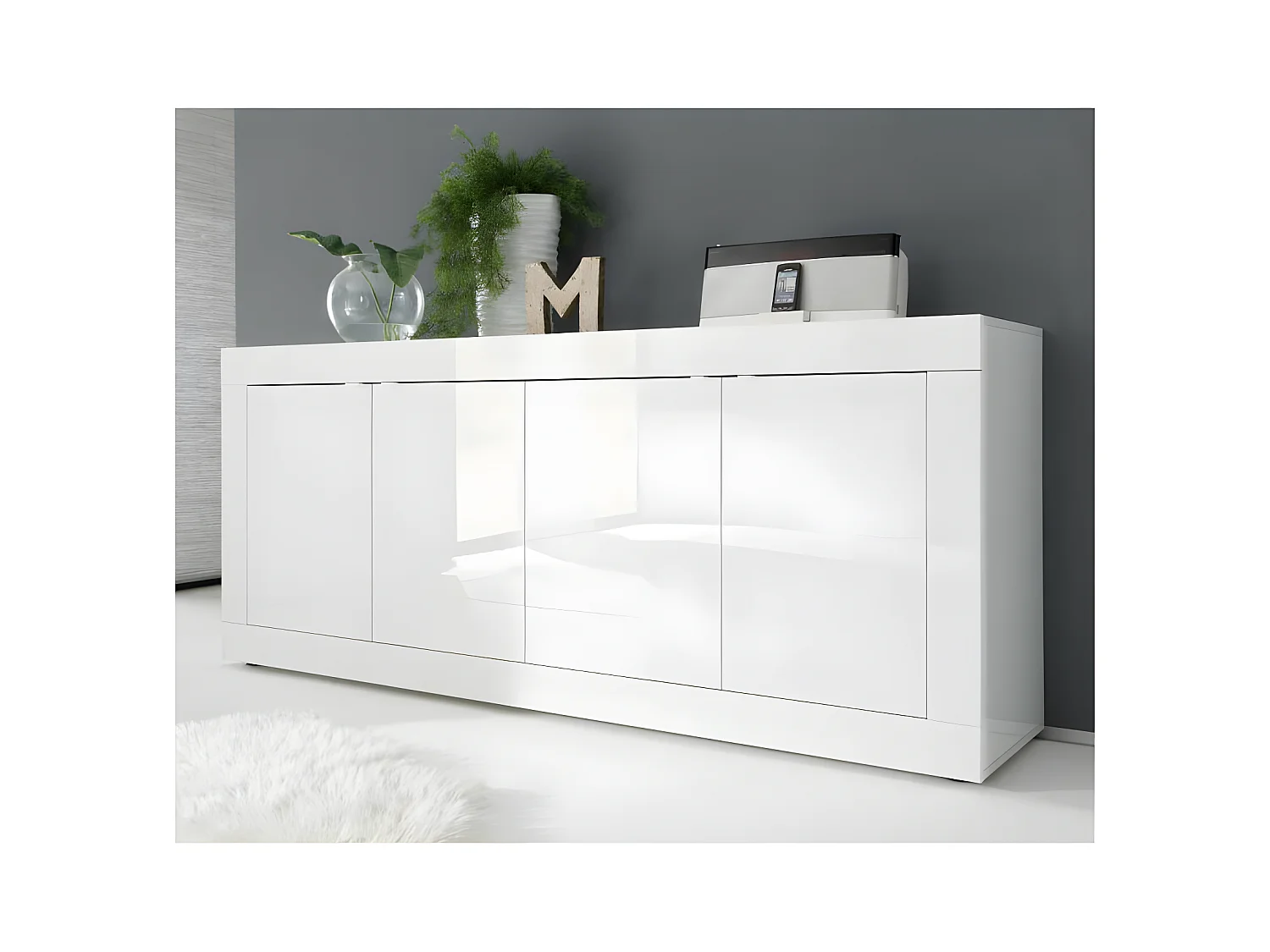 Buffet moderne 4 portes en bois Blanc laqué brillant - MILAN - L 207 x l 43 x H 86 cm