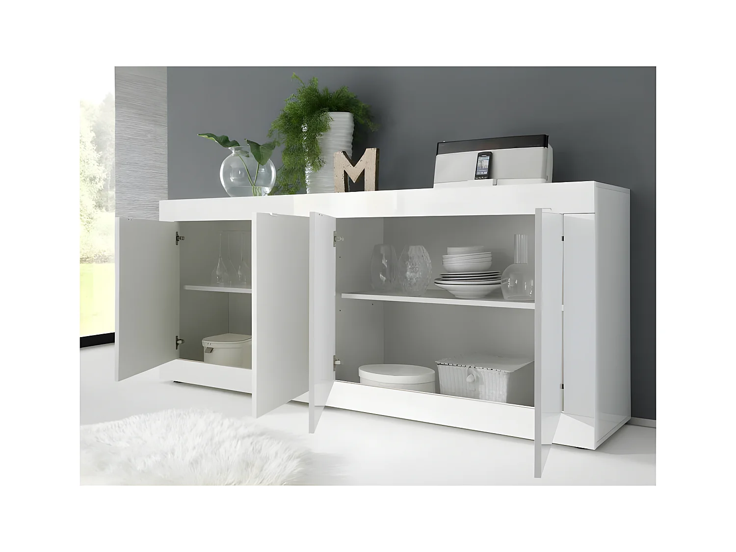 Buffet moderne 4 portes en bois Blanc laqué brillant - MILAN - L 207 x l 43 x H 86 cm