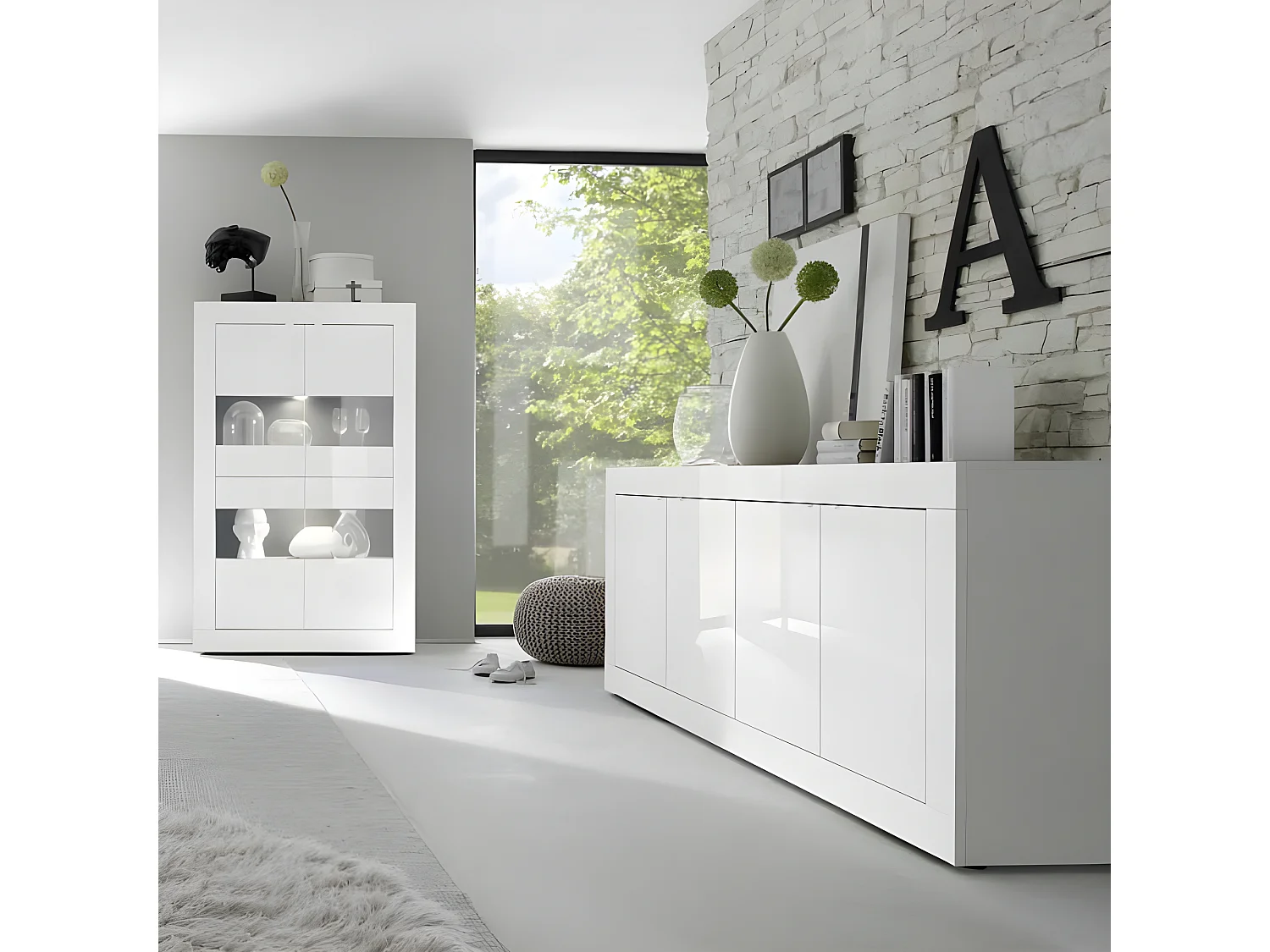 Buffet moderne 4 portes en bois Blanc laqué brillant - MILAN - L 207 x l 43 x H 86 cm