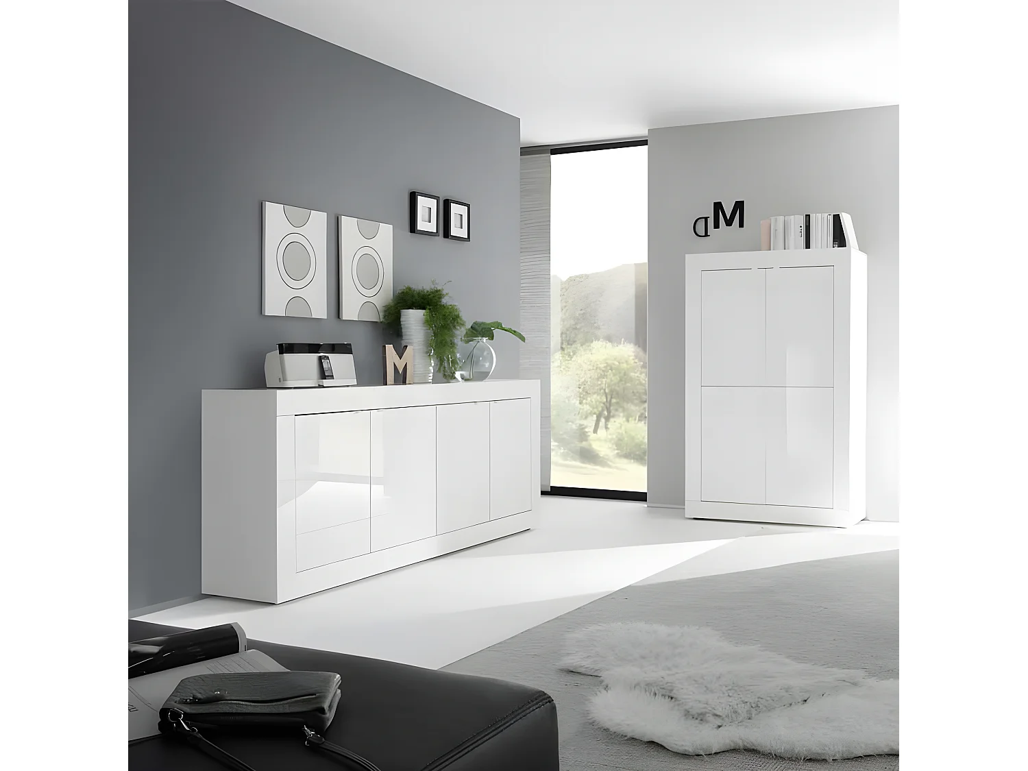 Buffet moderne 4 portes en bois Blanc laqué brillant - MILAN - L 207 x l 43 x H 86 cm