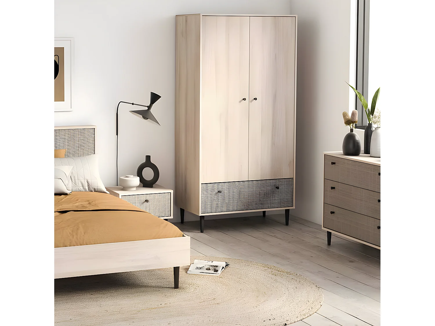 Armoire penderie 2 portes battantes + 1 tiroir Chêne clair - GONSAI - L 90 x l 50 x H 180 cm