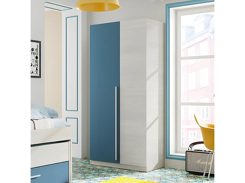 Armoire 2 portes battantes Bois blanchi/Bleu - RIVERSIDE - L 90 x l 52 x H 200 cm