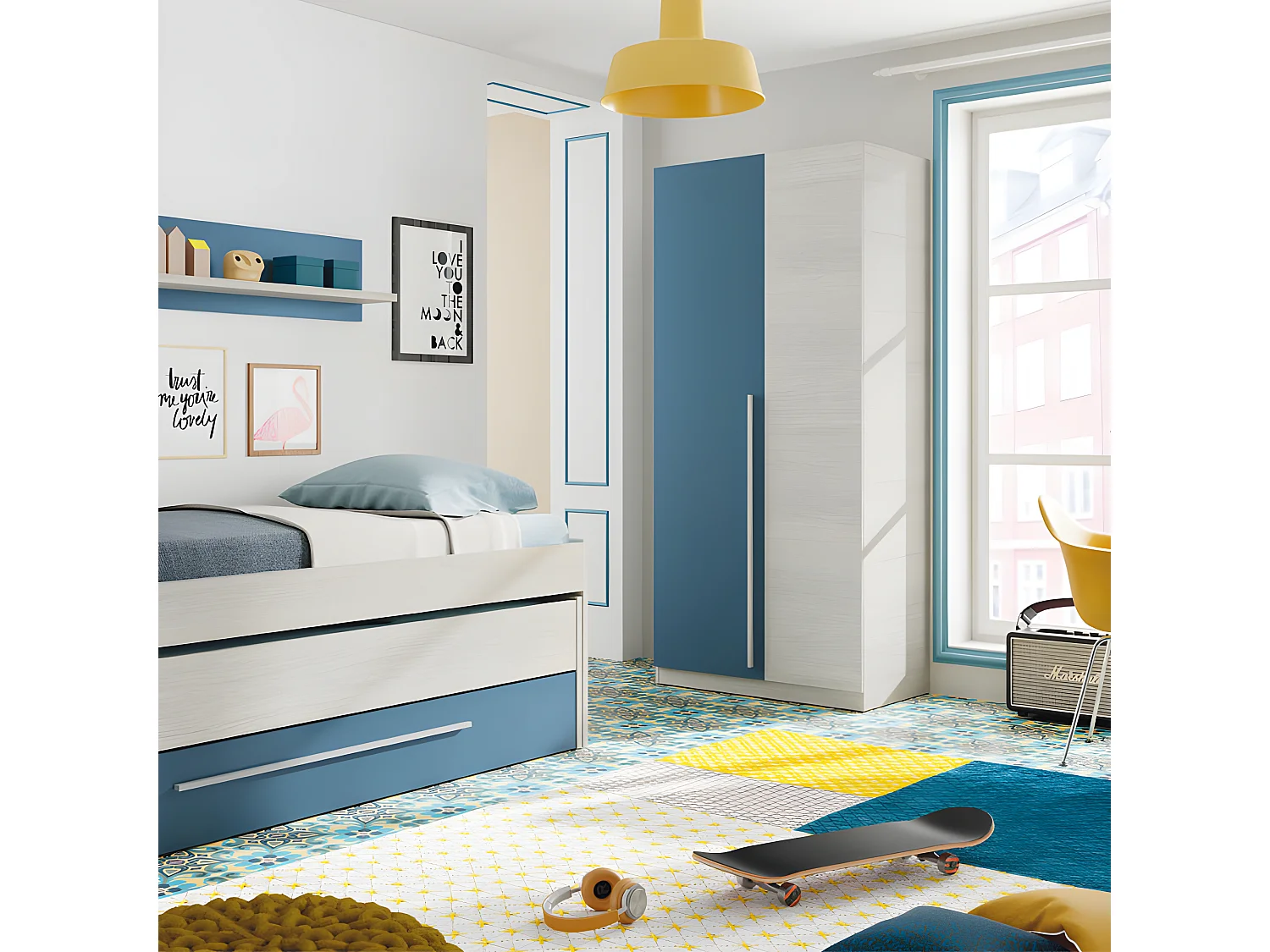 Armoire 2 portes battantes Bois blanchi/Bleu - RIVERSIDE - L 90 x l 52 x H 200 cm