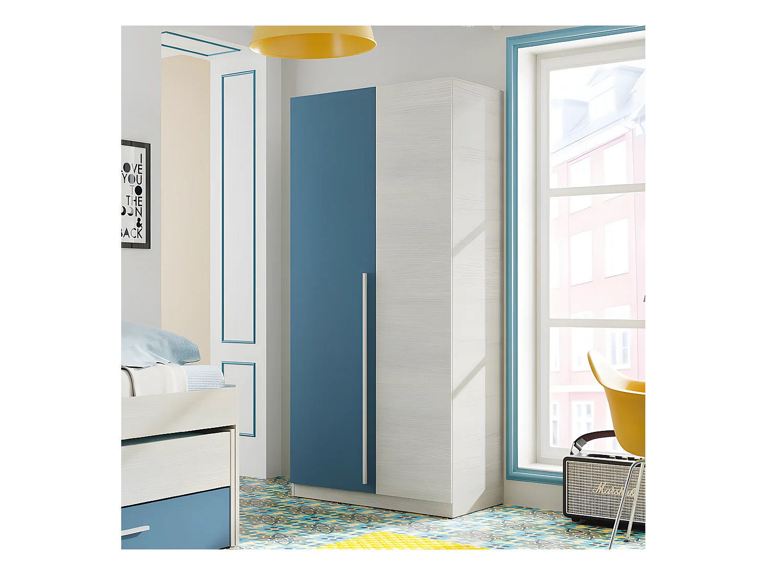 Armoire 2 portes battantes Bois blanchi/Bleu - RIVERSIDE - L 90 x l 52 x H 200 cm