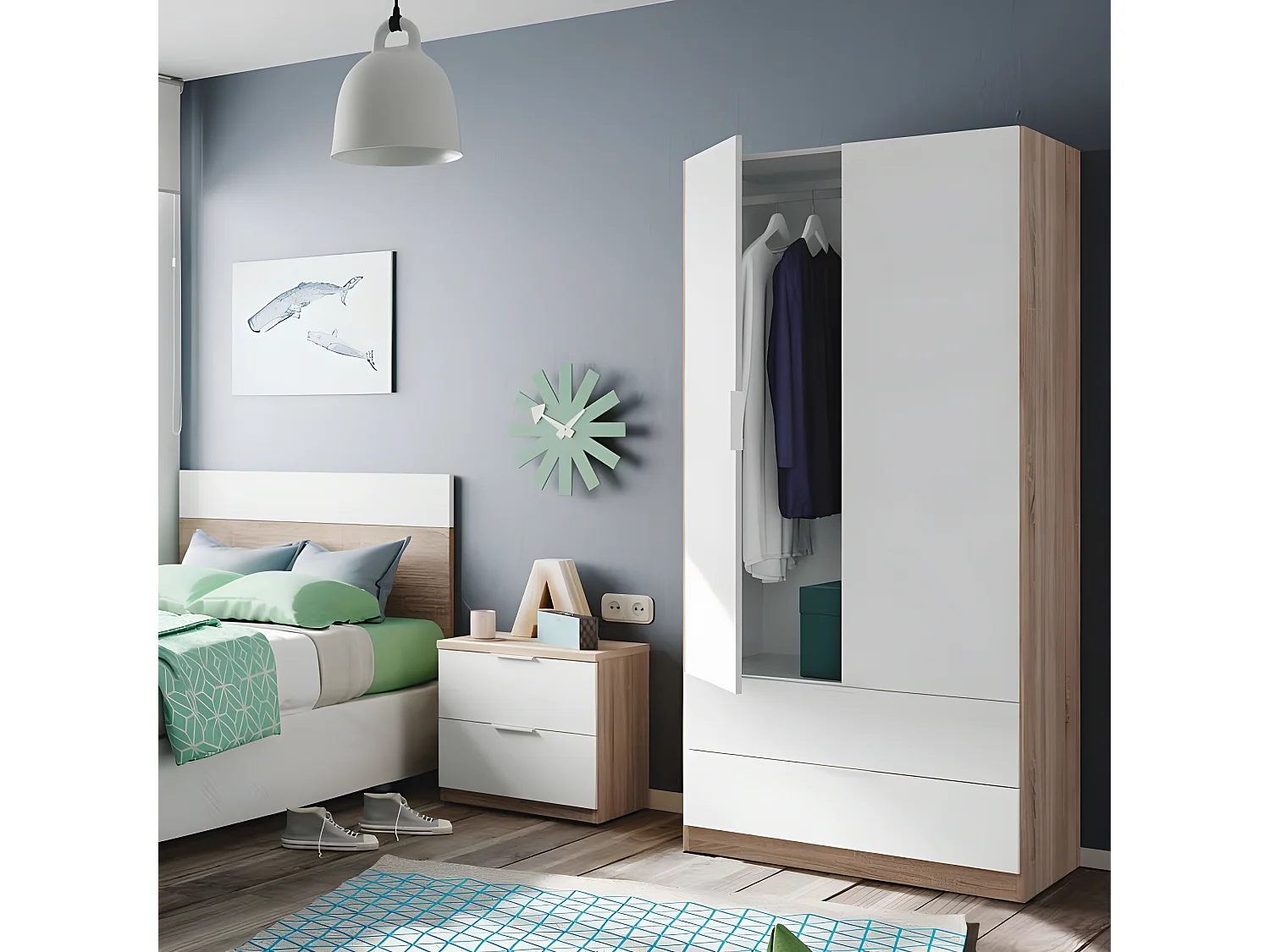 Armoire 2 portes + 2 tiroirs Blanc/Chêne - WAO - L 81.5 x l 52 x H 180 cm