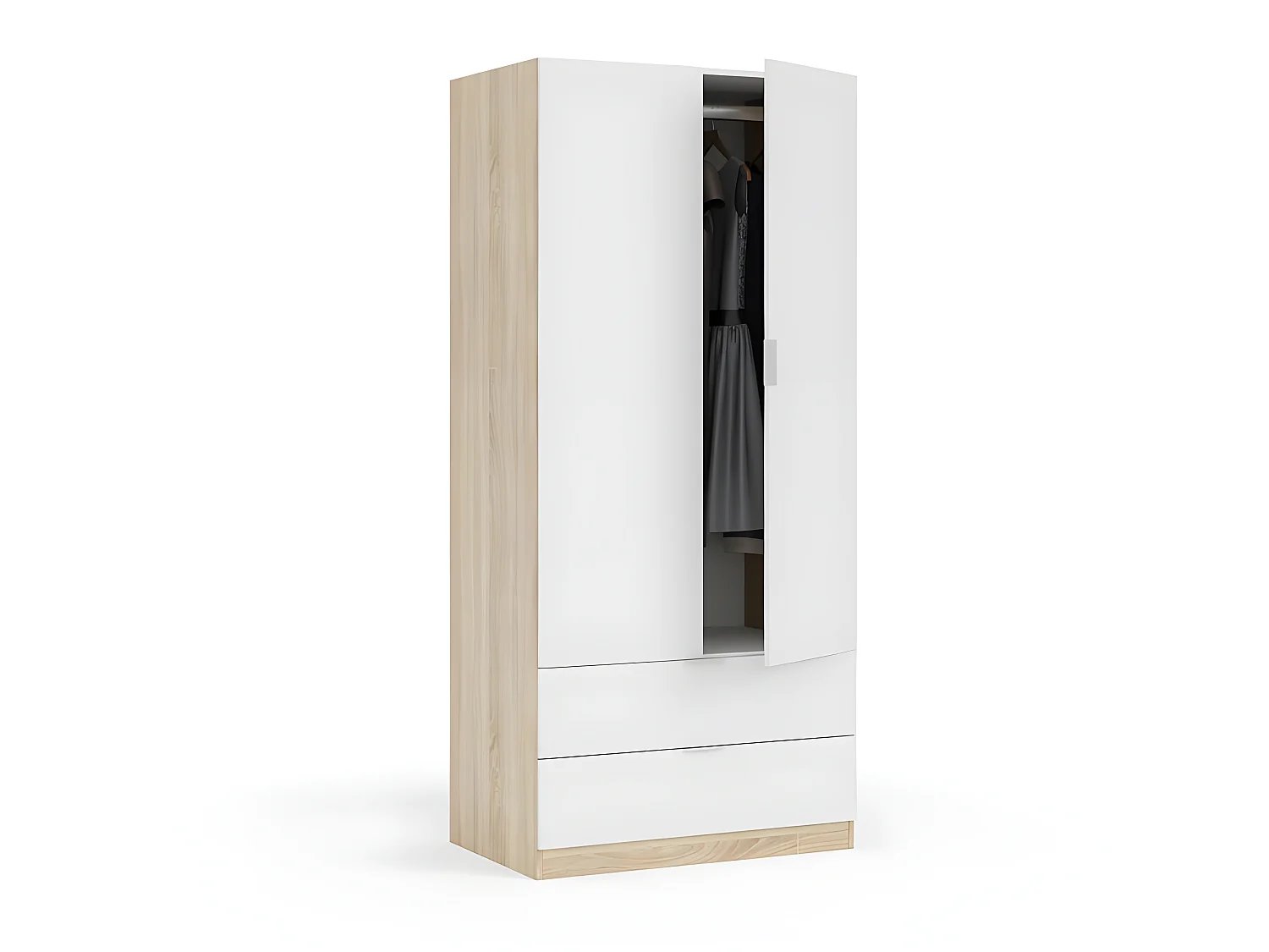 Armoire 2 portes + 2 tiroirs Blanc/Chêne - WAO - L 81.5 x l 52 x H 180 cm