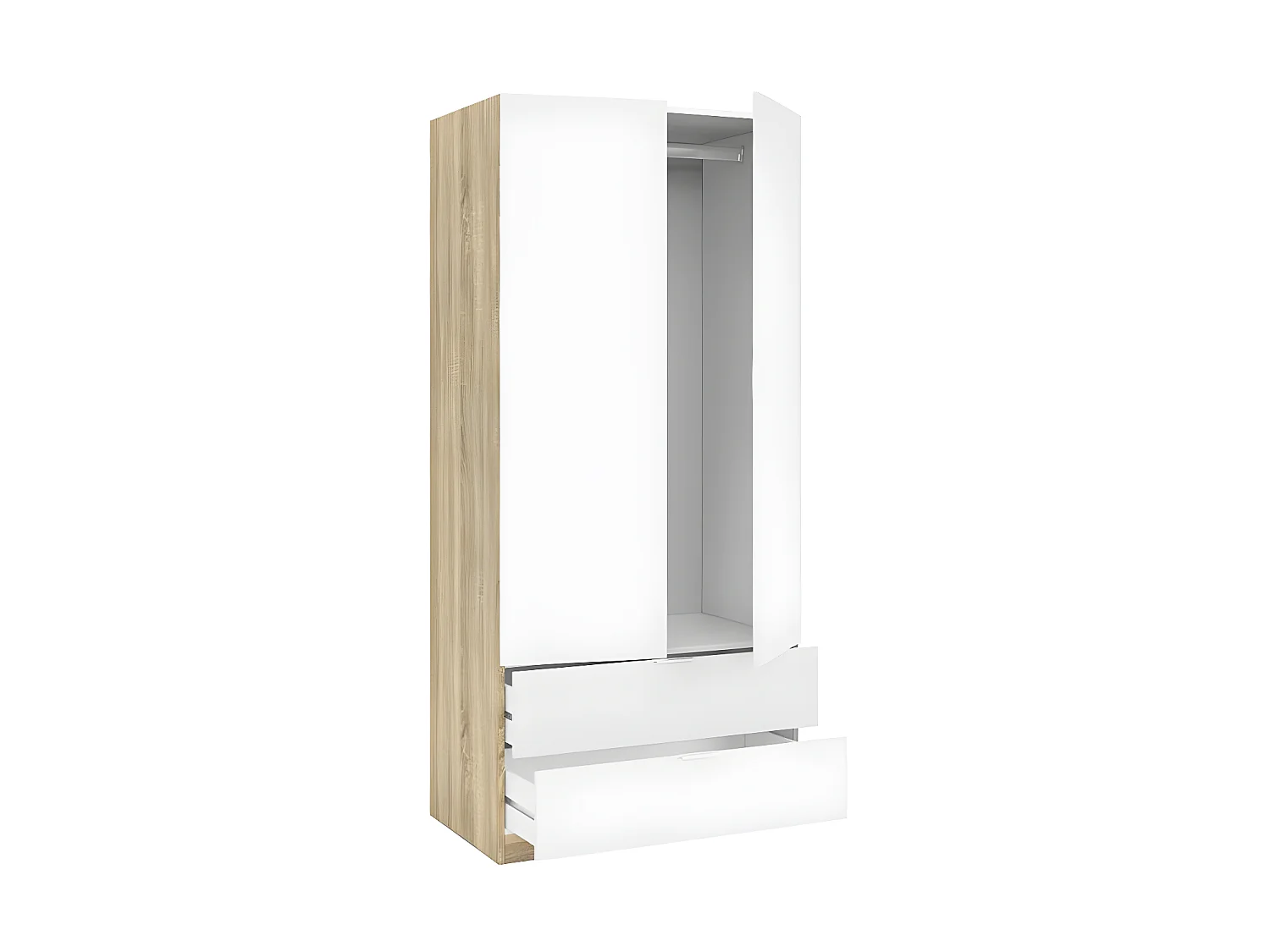 Armoire 2 portes + 2 tiroirs Blanc/Chêne - WAO - L 81.5 x l 52 x H 180 cm