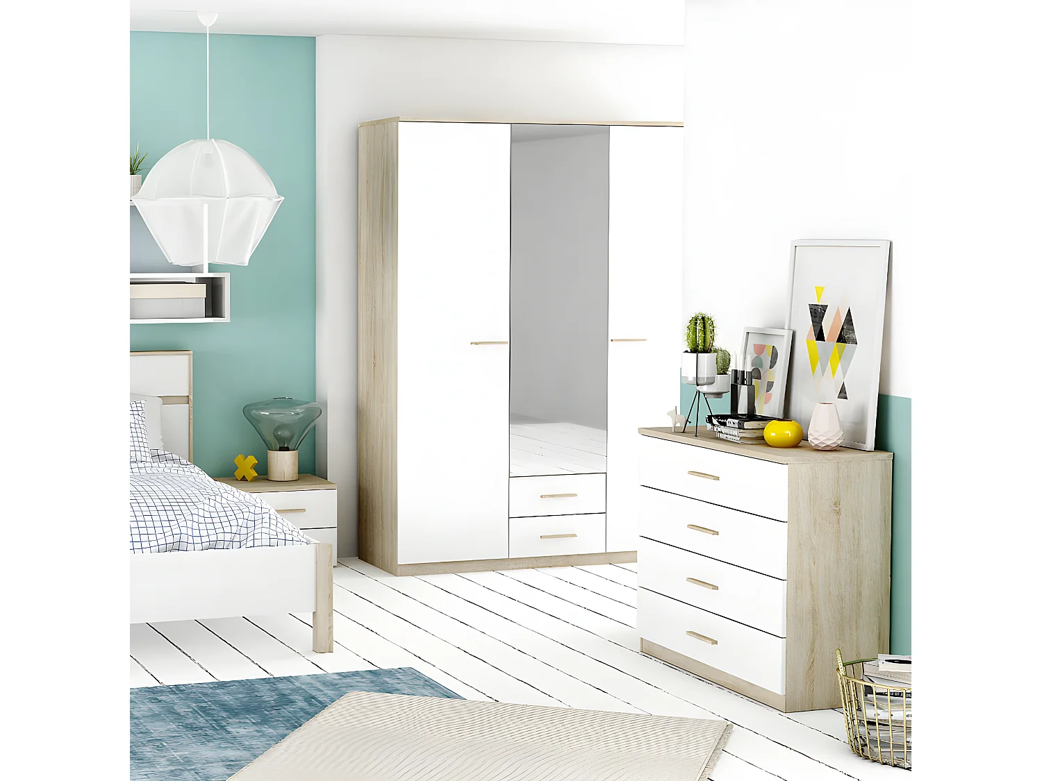 Armoire 3 portes battantes 2 tiroirs Blanc/Chêne - STAYA - L 161 x l 55 x H 211 cm