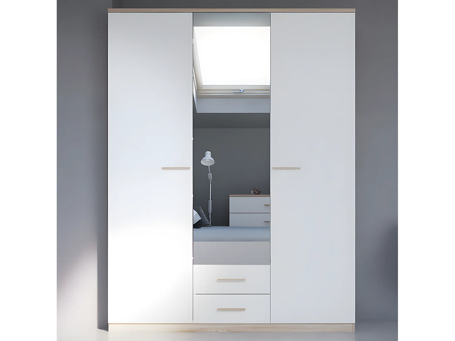 Armoire 3 portes battantes 2 tiroirs Blanc/Chêne - STAYA - L 161 x l 55 x H 211 cm