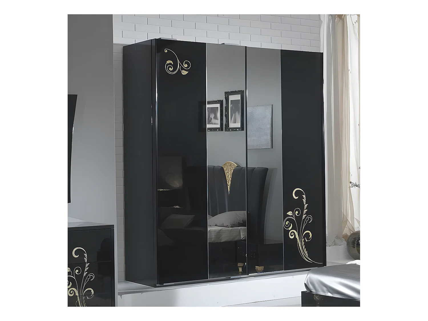 Armoire 2 portes coulissantes Laqué Noir Brillant / Or - SEBORGA - L 182 x l 63 x H 210 cm