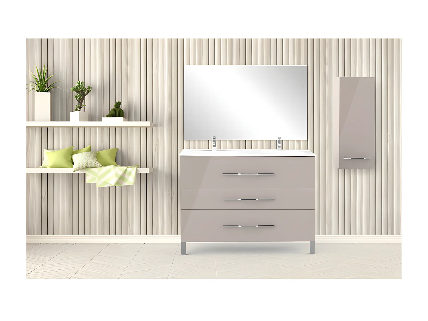 Meuble double vasque 3 tiroirs 120 cm Taupe - LANA - L 121.5 x l 47 x H 88 cm