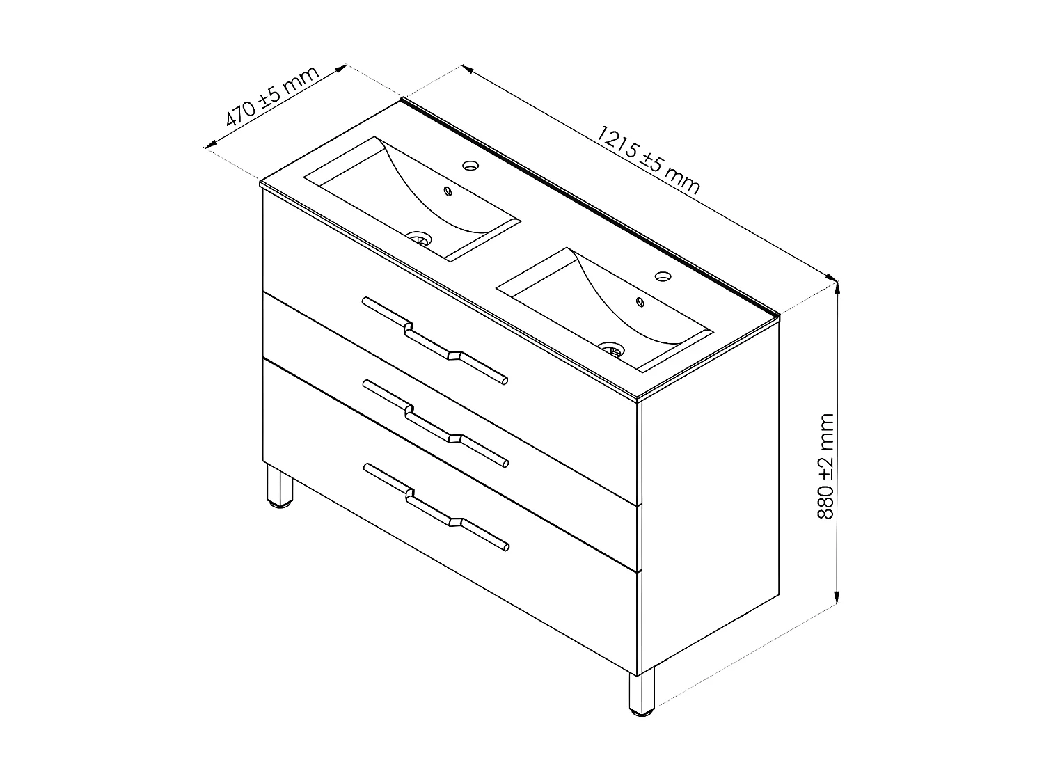 Meuble double vasque 3 tiroirs 120 cm Taupe - LANA - L 121.5 x l 47 x H 88 cm