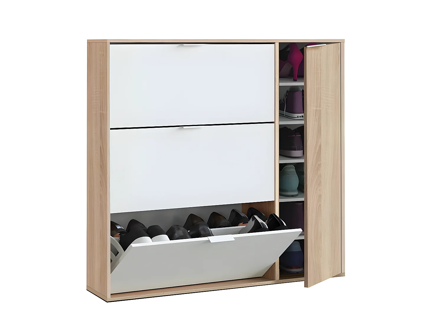 Meuble à chaussures 4 portes Blanc/Chêne clair - CASA - L 106 x l 22 x H 115 cm