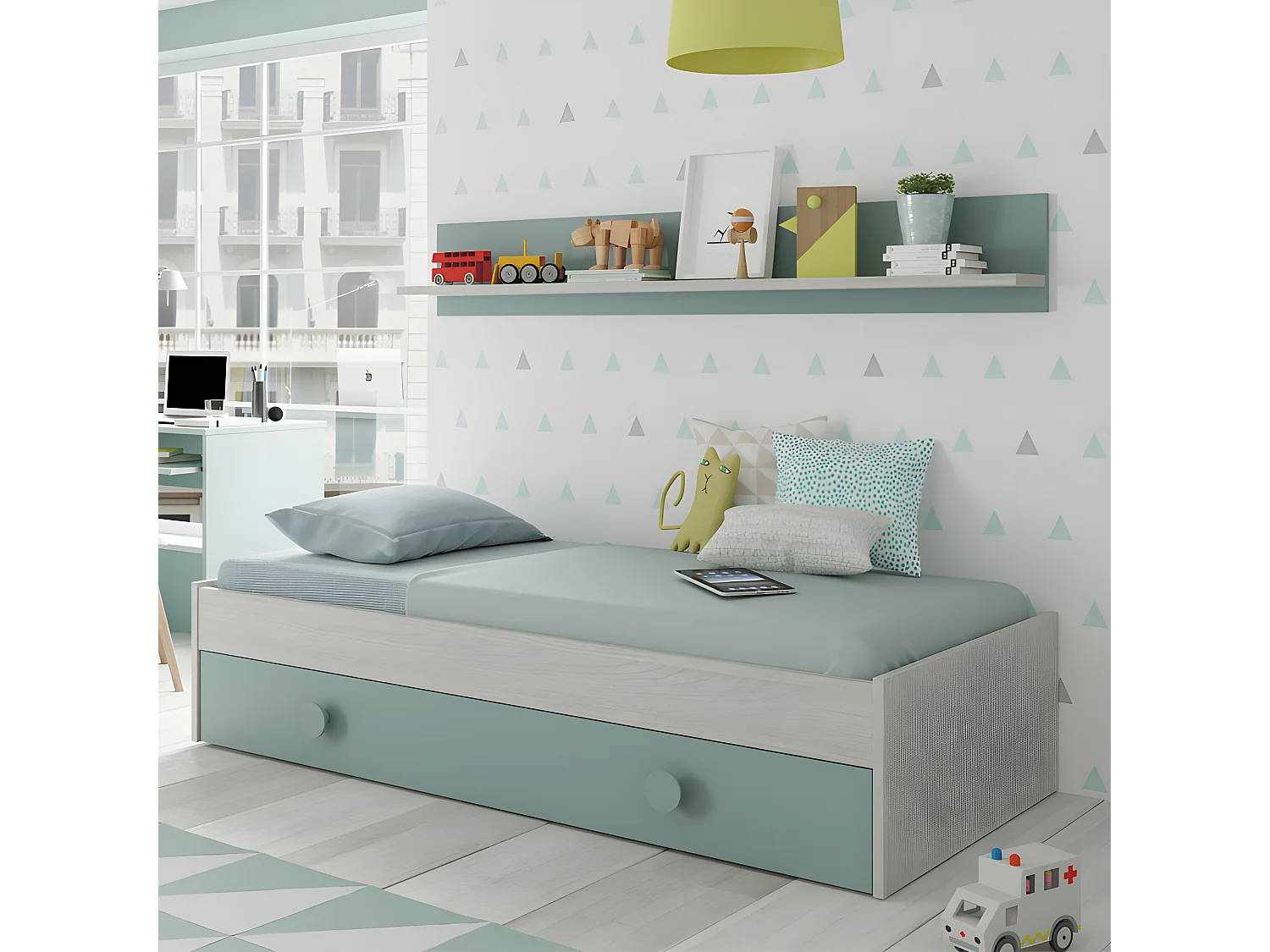 Lit gigogne 90x190 + étagère Bois blanchi/Vert - MONTEREY