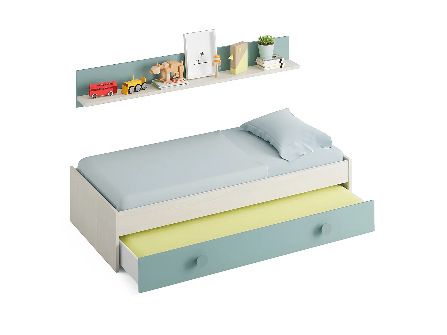 Lit gigogne 90x190 + étagère Bois blanchi/Vert - MONTEREY