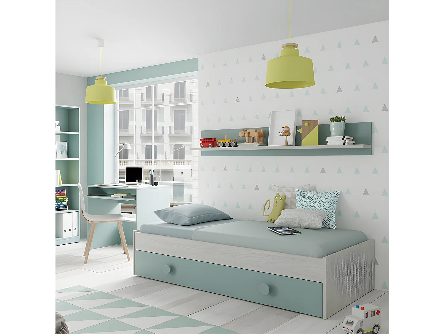 Lit gigogne 90x190 + étagère Bois blanchi/Vert - MONTEREY