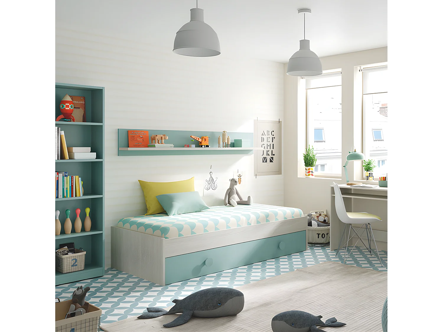 Lit gigogne 90x190 + étagère Bois blanchi/Vert - MONTEREY