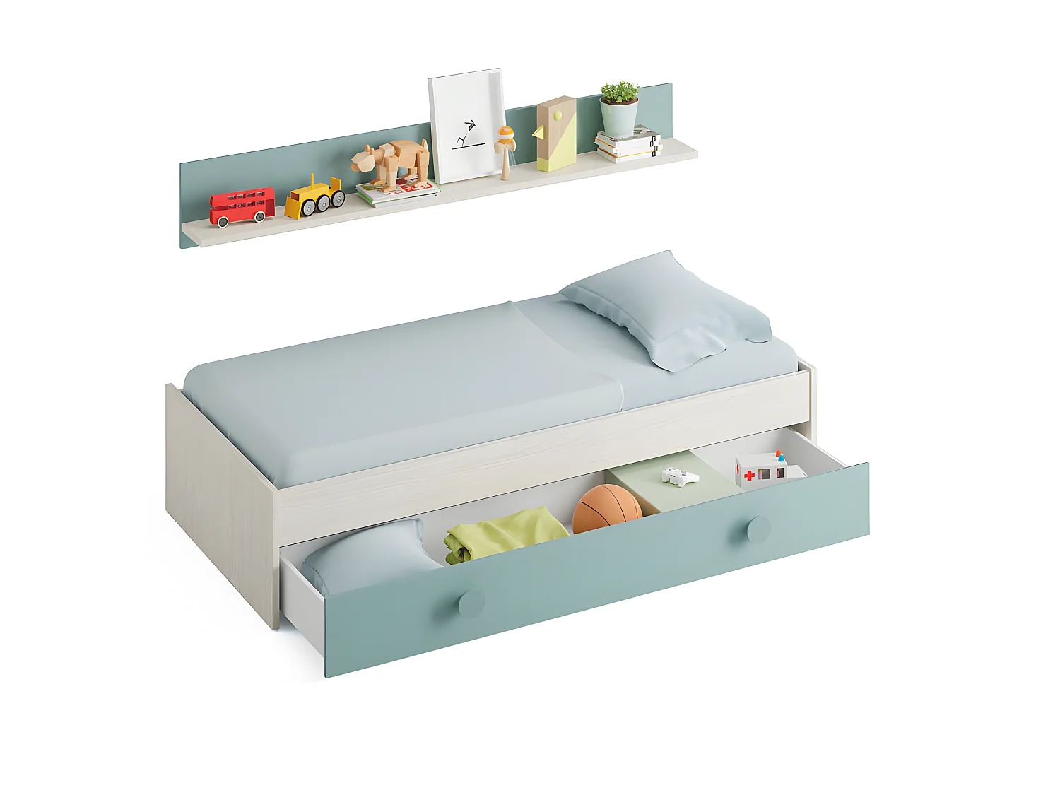 Lit gigogne 90x190 + étagère Bois blanchi/Vert - MONTEREY