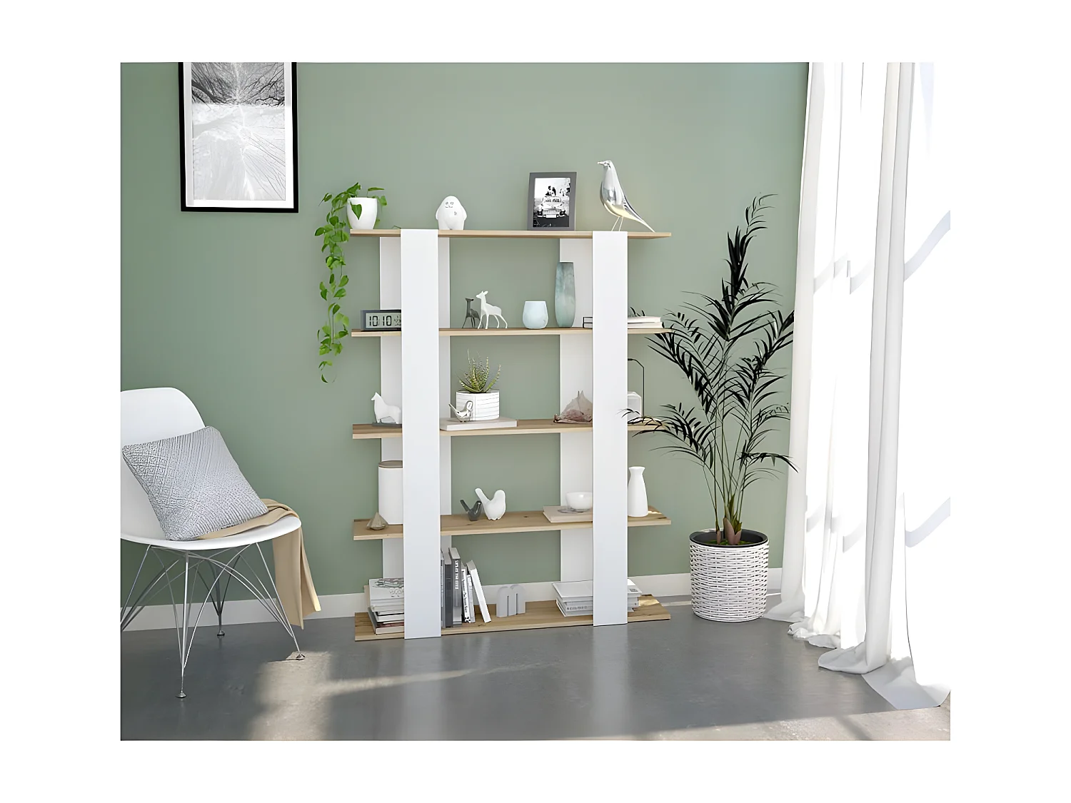 Étagère 5 niveaux Blanc Mat/Chêne - IDEAX - L 108 x l 31 x H 136 cm