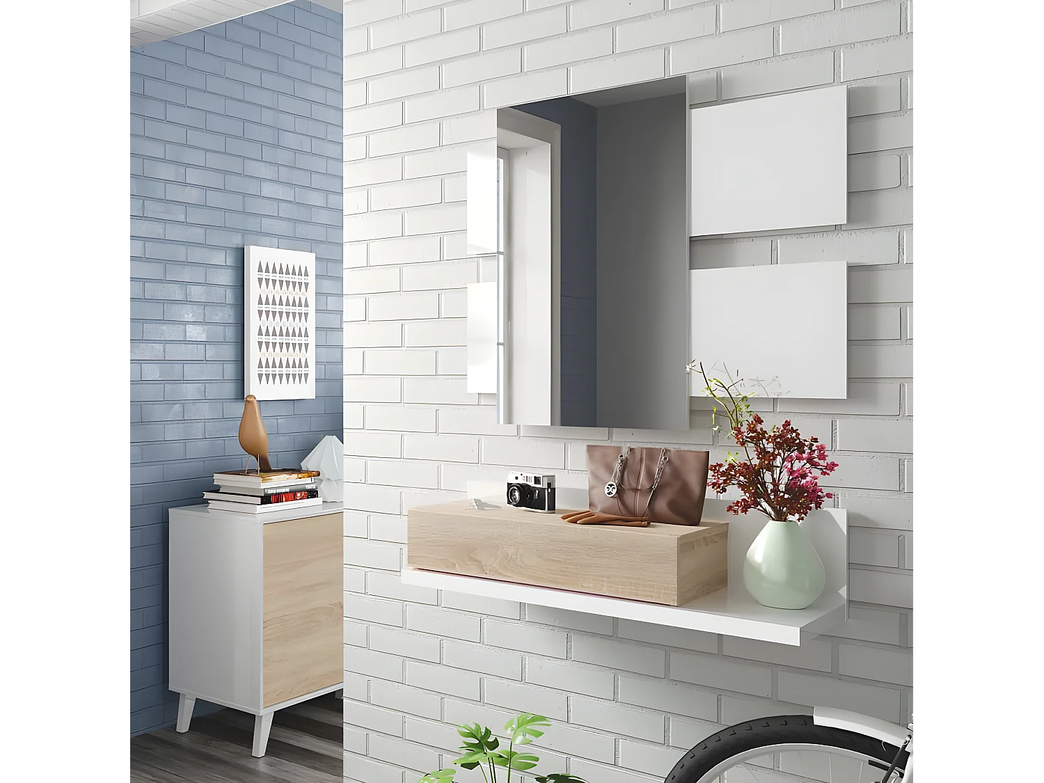 Meuble d'entrée suspendu + miroir Blanc/Chêne TEKANA - L 75 x l 29 x H 20 cm