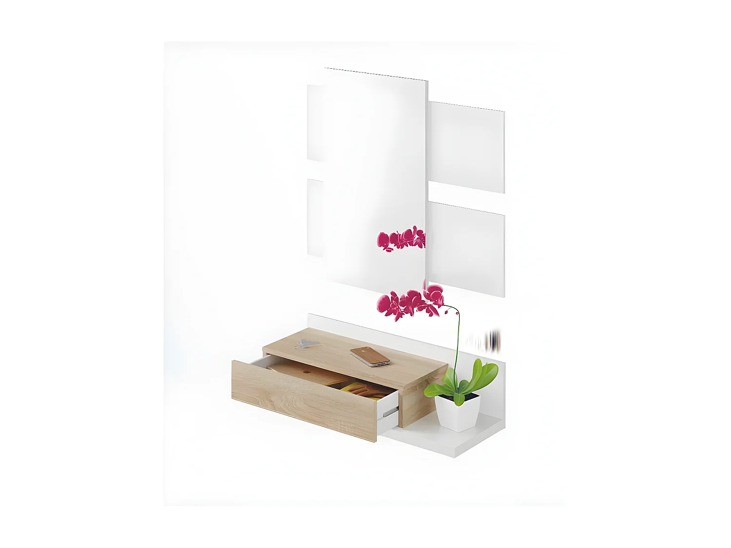 Meuble d'entrée suspendu + miroir Blanc/Chêne TEKANA - L 75 x l 29 x H 20 cm