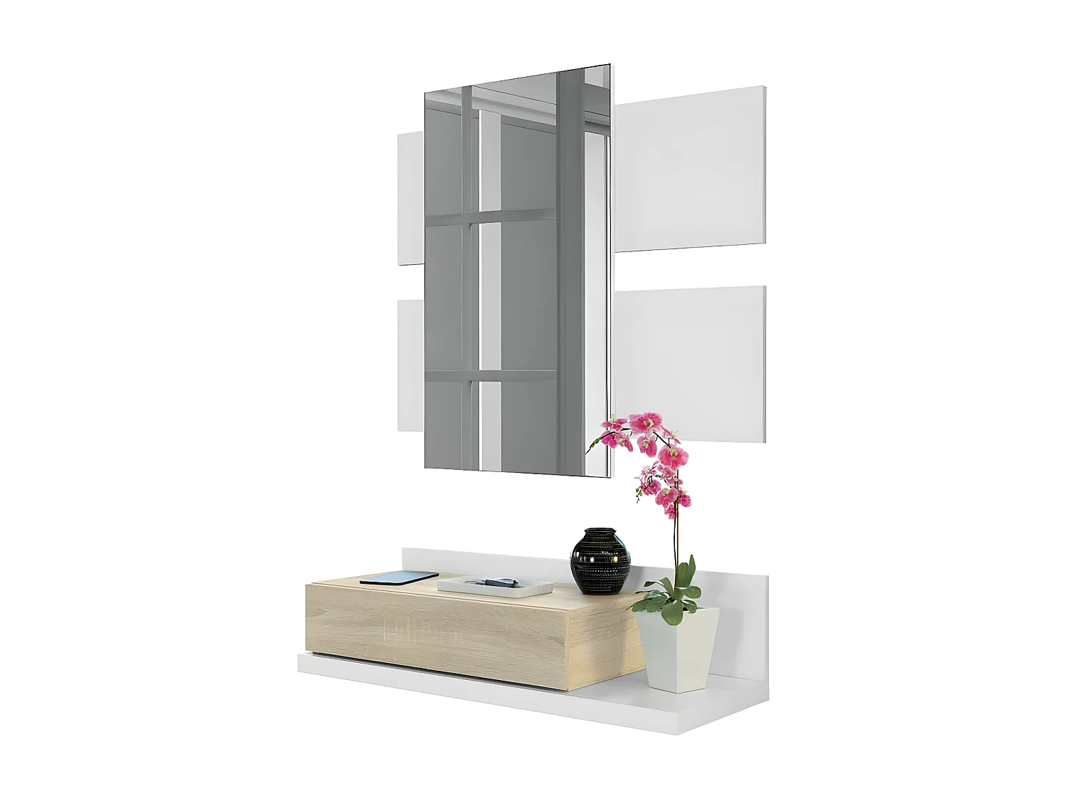 Meuble d'entrée suspendu + miroir Blanc/Chêne TEKANA - L 75 x l 29 x H 20 cm