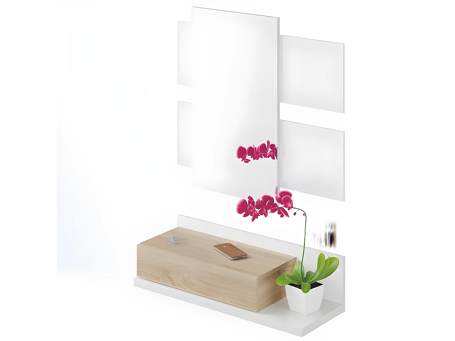 Meuble d'entrée suspendu + miroir Blanc/Chêne TEKANA - L 75 x l 29 x H 20 cm