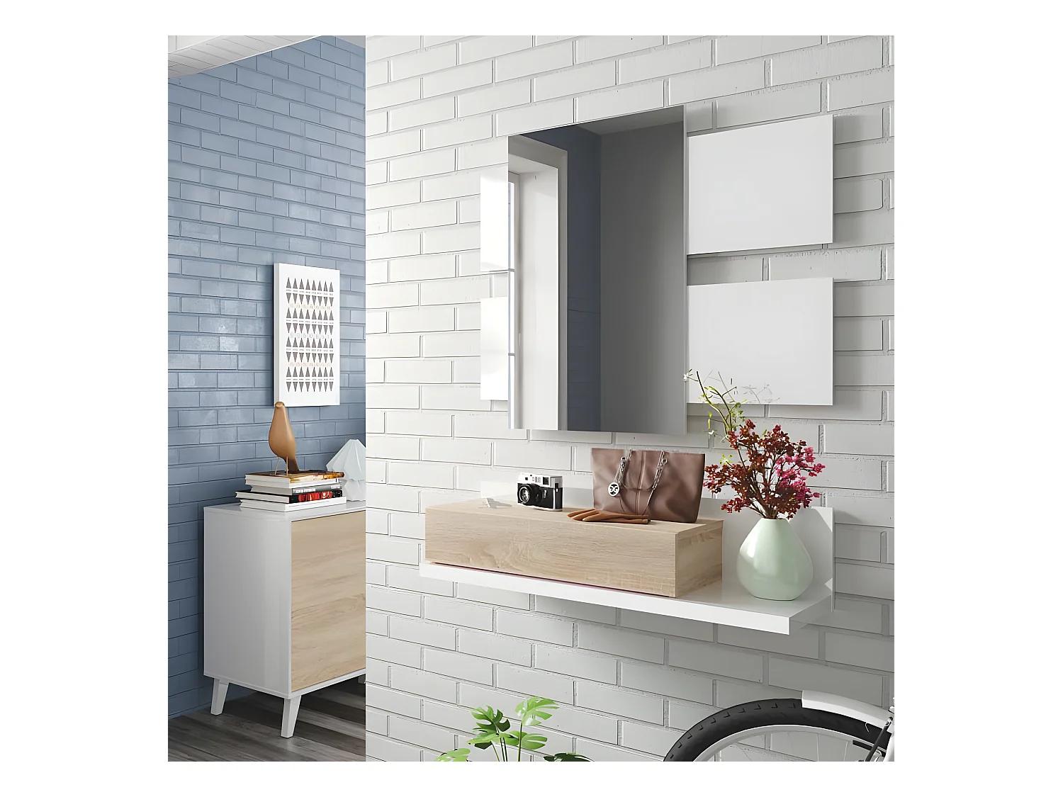 Meuble d'entrée suspendu + miroir Blanc/Chêne TEKANA - L 75 x l 29 x H 20 cm