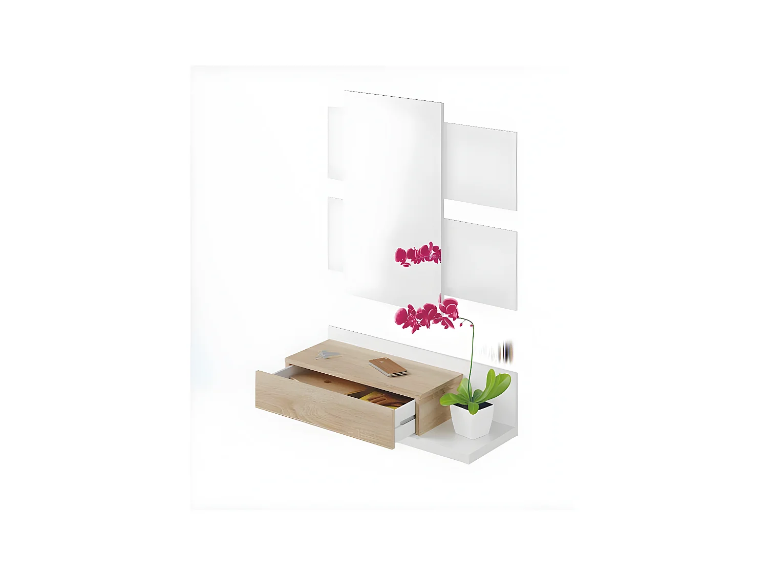 Meuble d'entrée suspendu + miroir Blanc/Chêne TEKANA - L 75 x l 29 x H 20 cm
