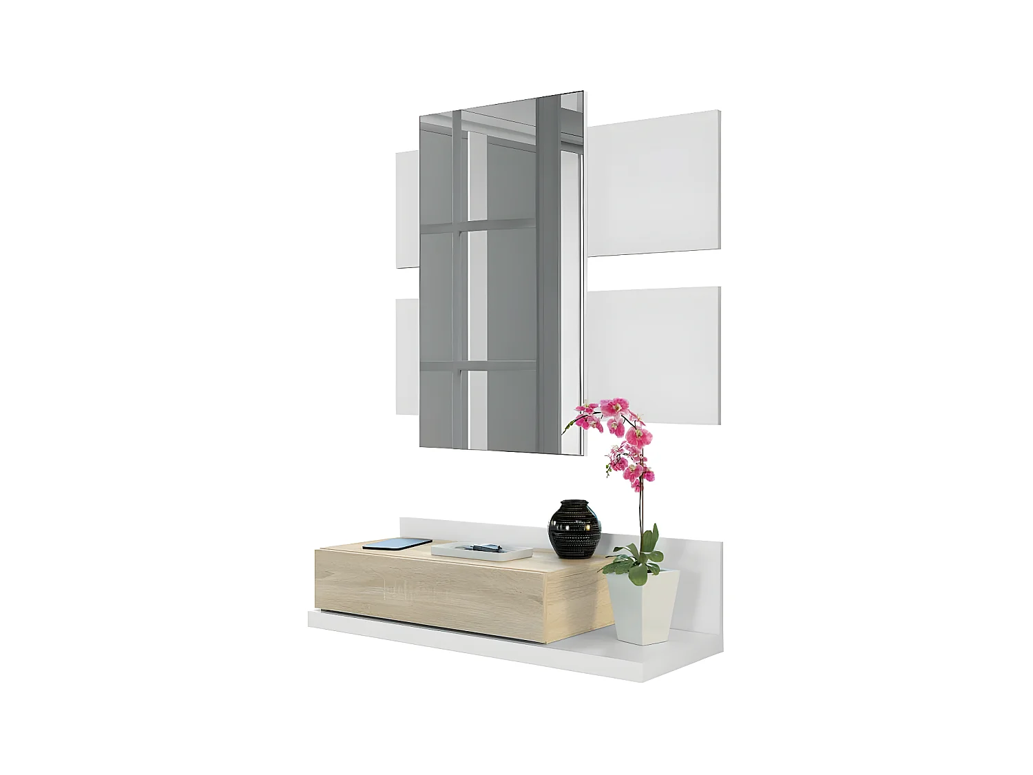 Meuble d'entrée suspendu + miroir Blanc/Chêne TEKANA - L 75 x l 29 x H 20 cm