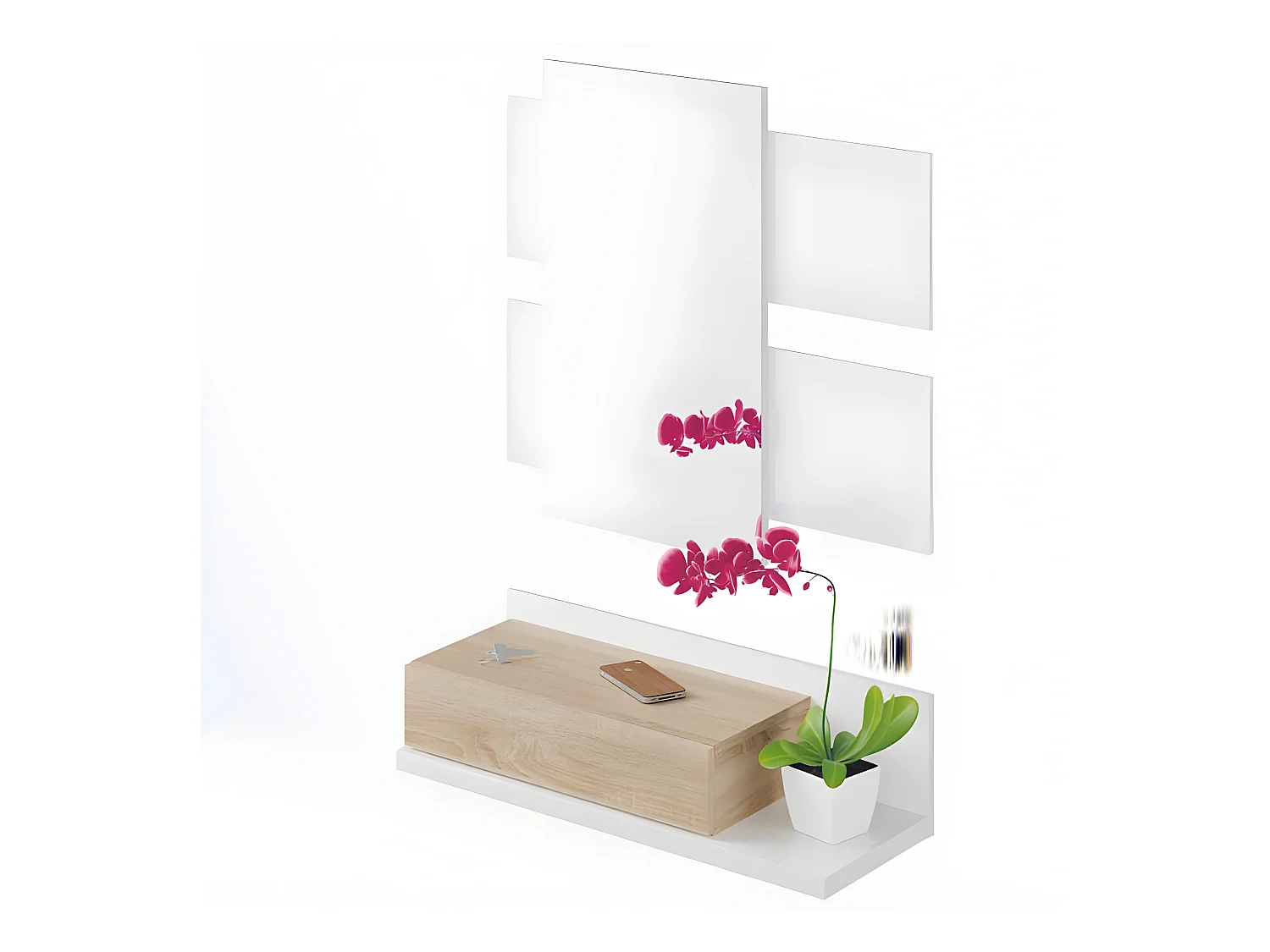Meuble d'entrée suspendu + miroir Blanc/Chêne TEKANA - L 75 x l 29 x H 20 cm
