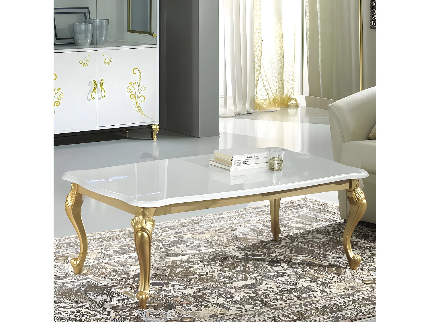 Table basse Laque Blanc Brillant / Or - SEBORGA - L 120 x l 68 x H 43 cm