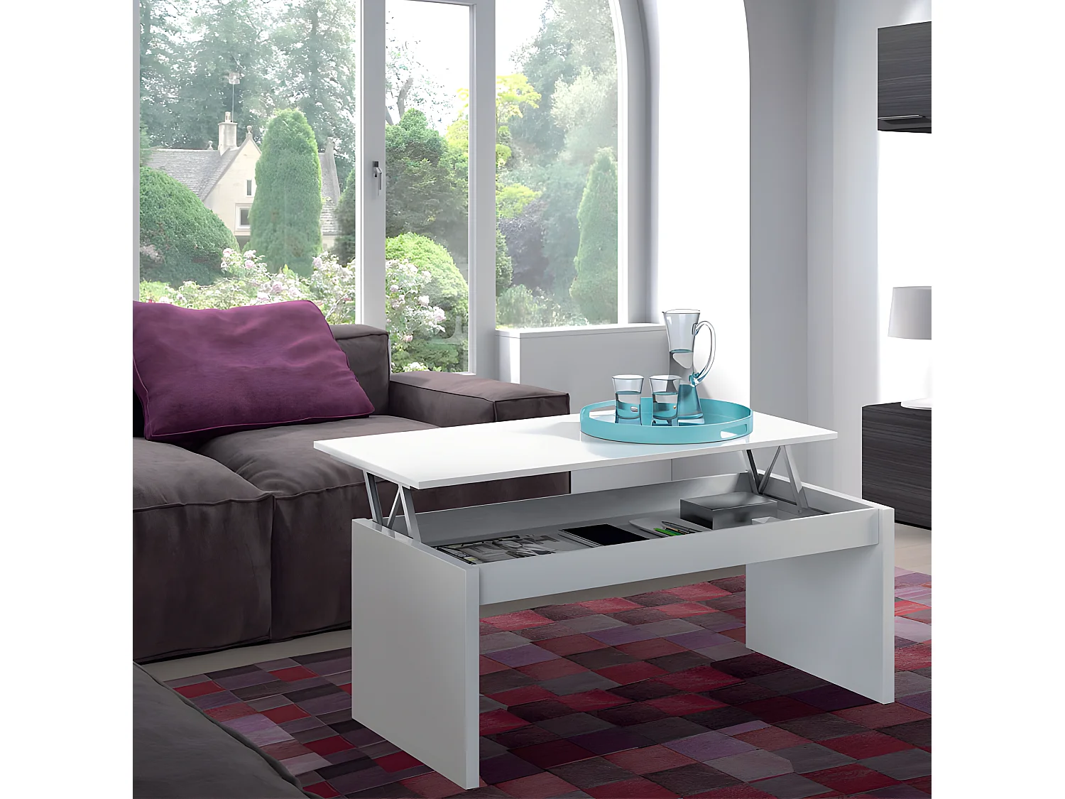 Table basse relevable Blanc - GIO - L 102 x l 50 x H 43/54 cm