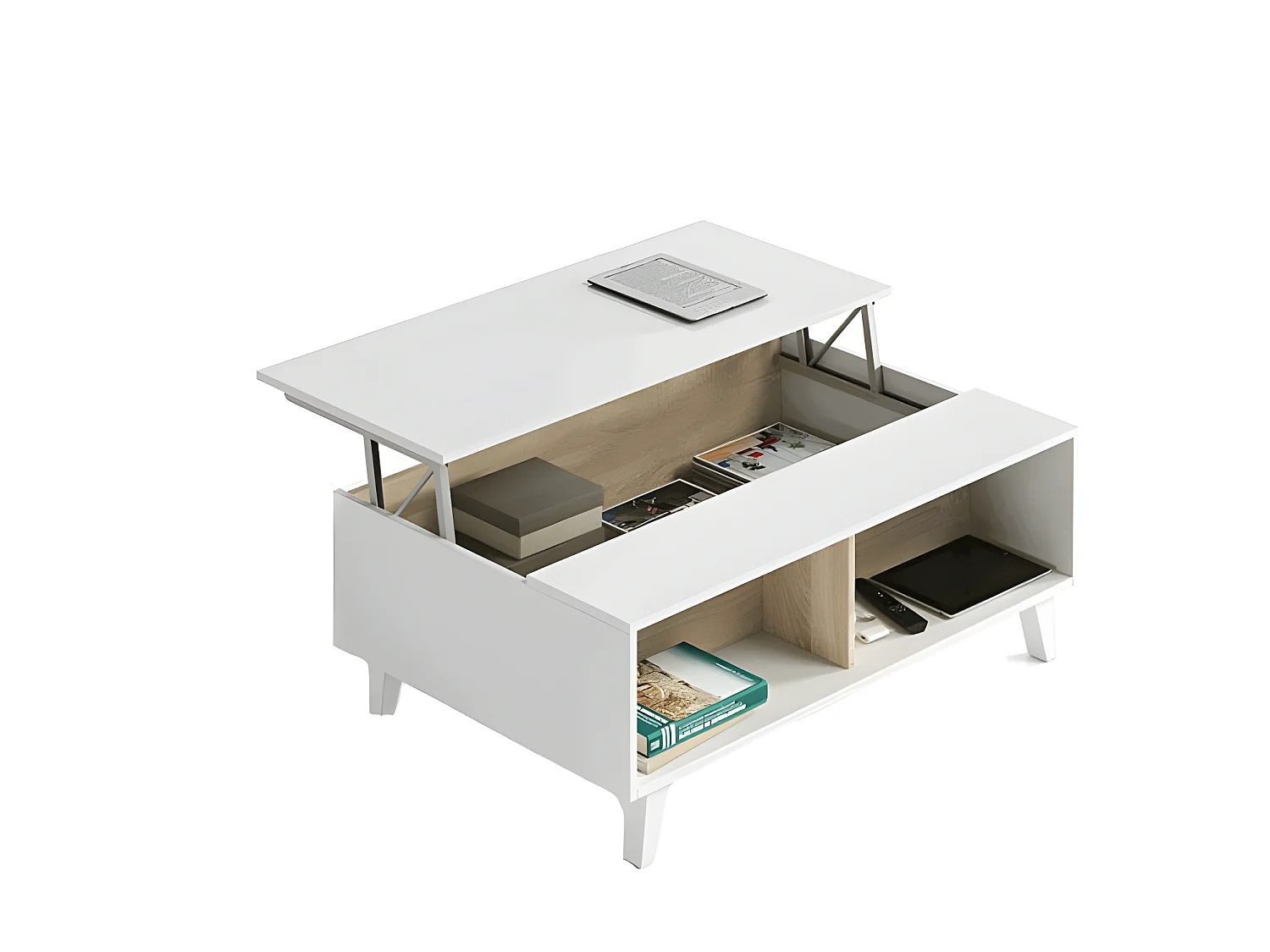 Table basse relevable Blanc brillant/Chêne clair - STOCKTON - L 100 x l 68 x H 41 cm