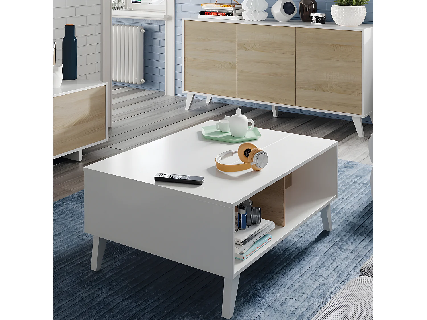 Table basse relevable Blanc brillant/Chêne clair - STOCKTON - L 100 x l 68 x H 41 cm