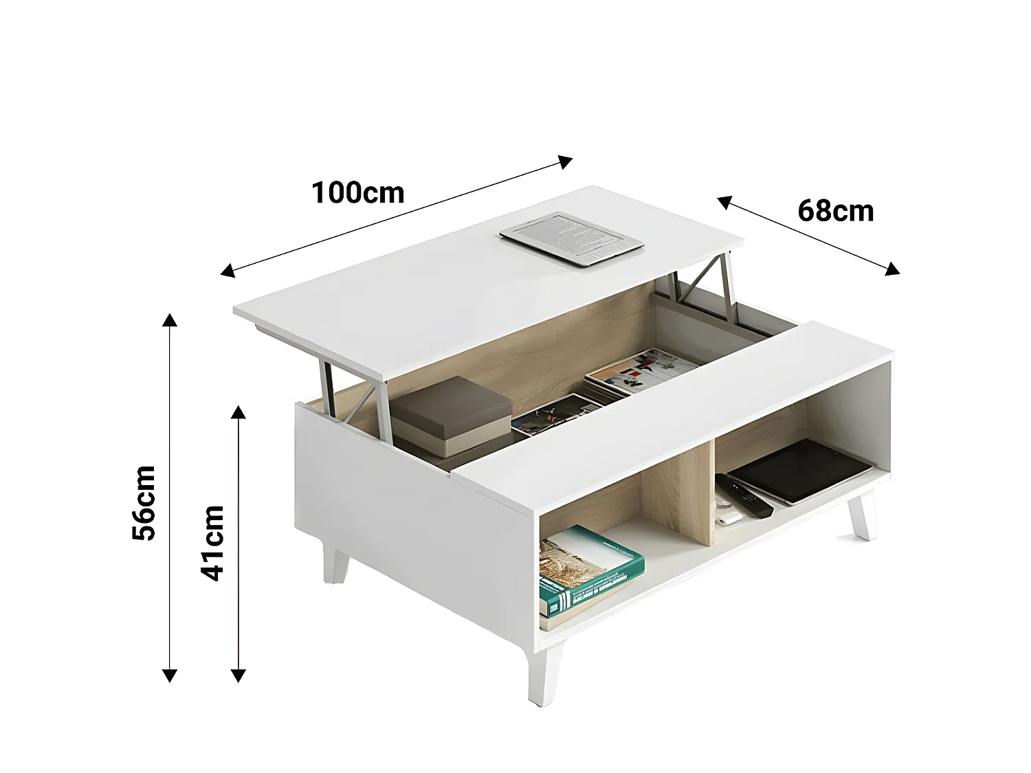 Table basse relevable Blanc brillant/Chêne clair - STOCKTON - L 100 x l 68 x H 41 cm
