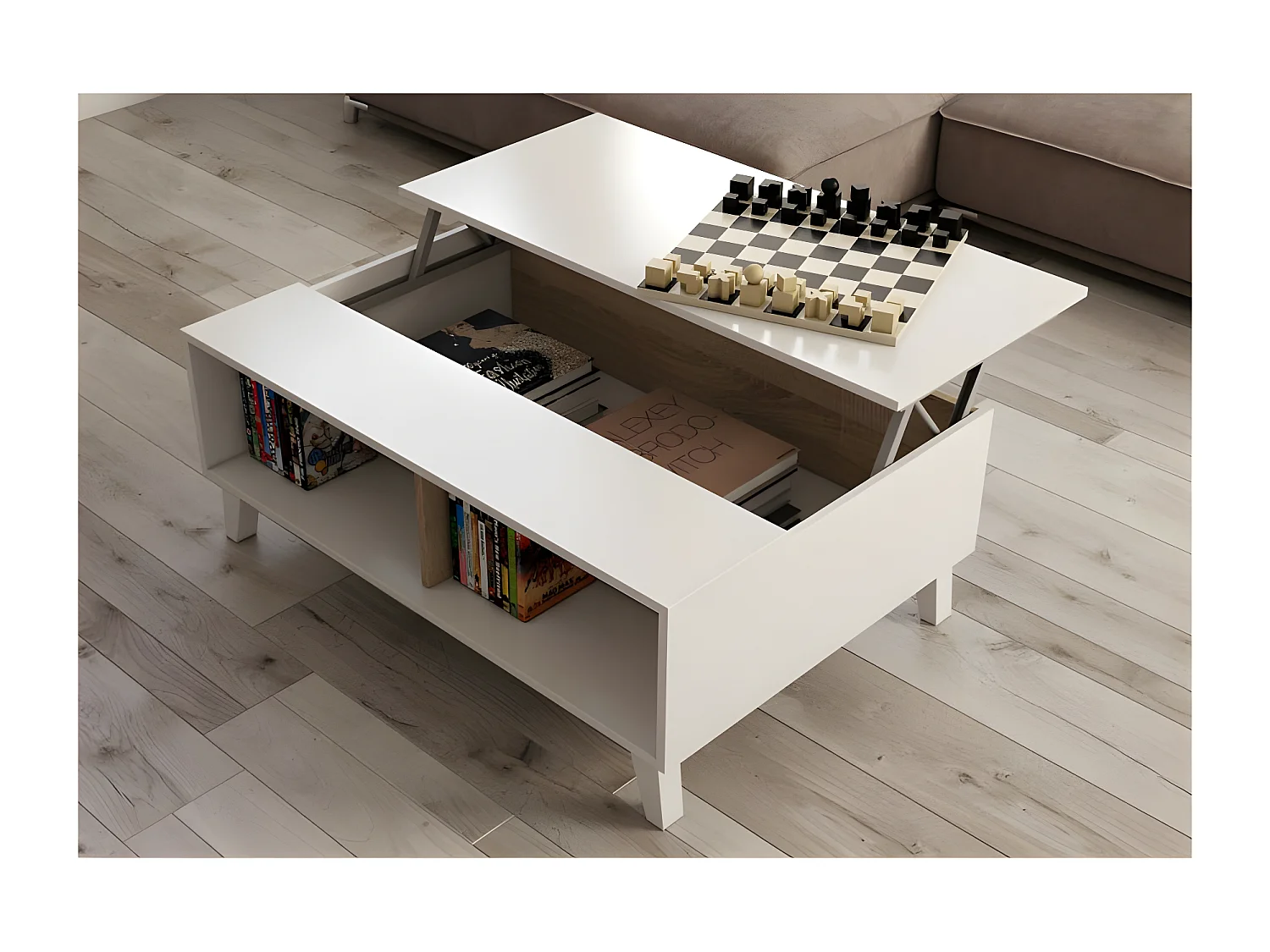 Table basse relevable Blanc brillant/Chêne clair - STOCKTON - L 100 x l 68 x H 41 cm
