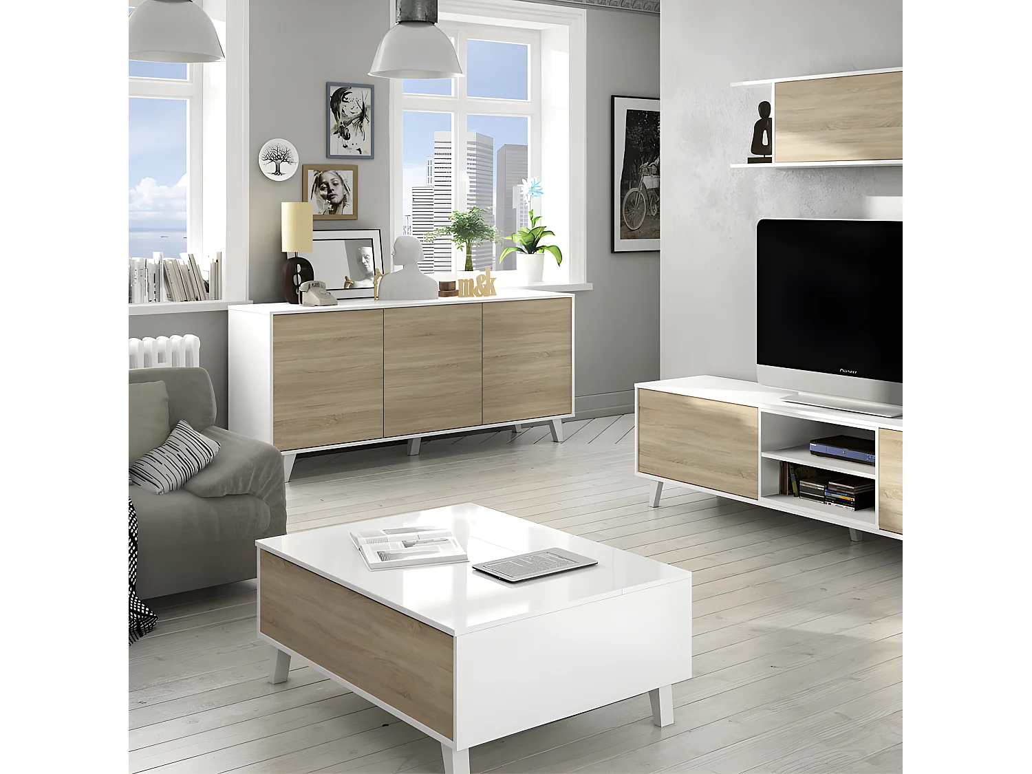 Table basse relevable Blanc brillant/Chêne clair - STOCKTON - L 100 x l 68 x H 41 cm