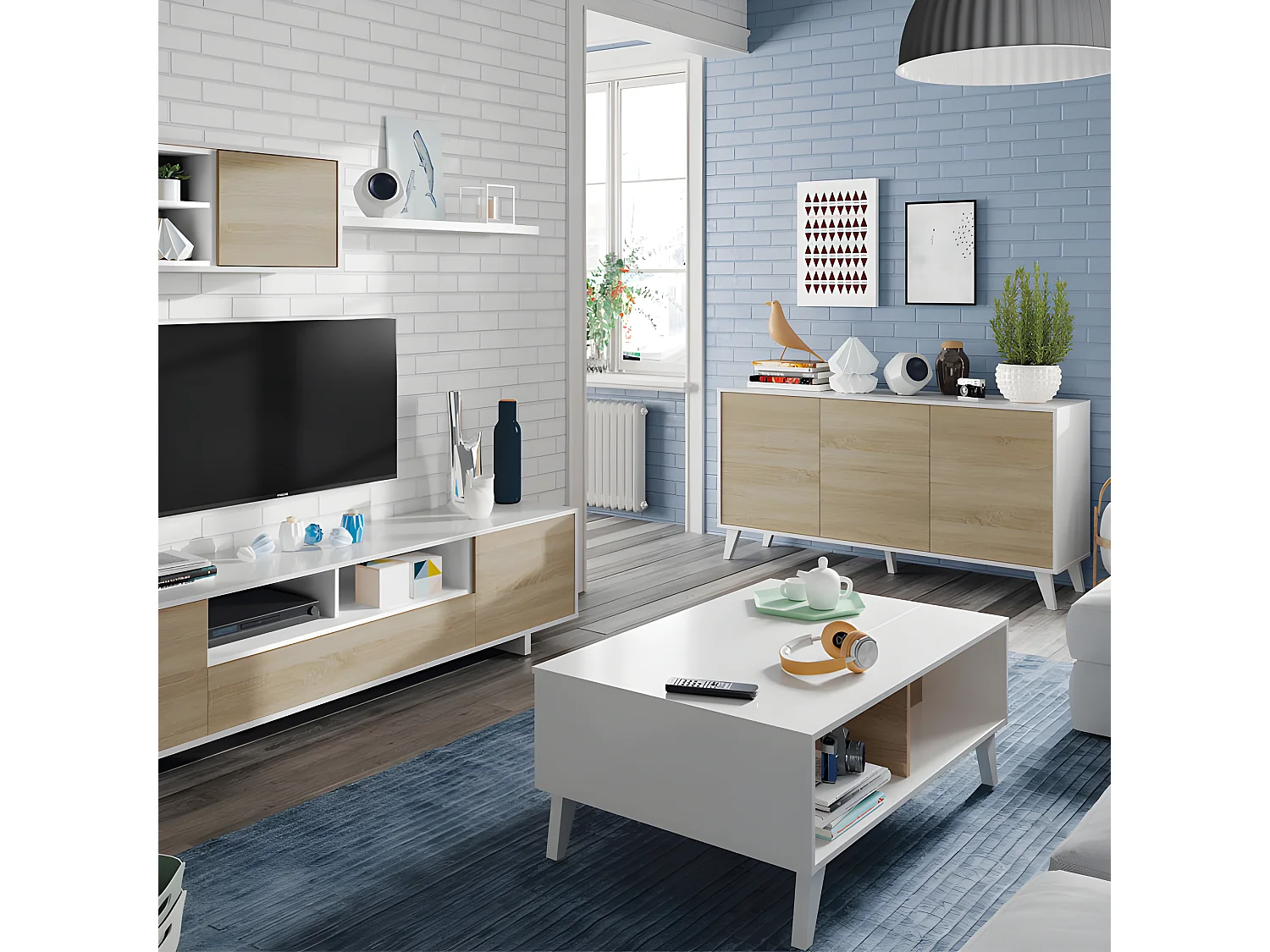 Table basse relevable Blanc brillant/Chêne clair - STOCKTON - L 100 x l 68 x H 41 cm