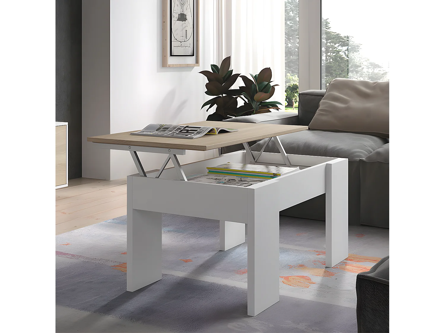Table basse relevable Blanc/Chêne clair - IRVINE - L 100 x l 50 x H 45/56 cm