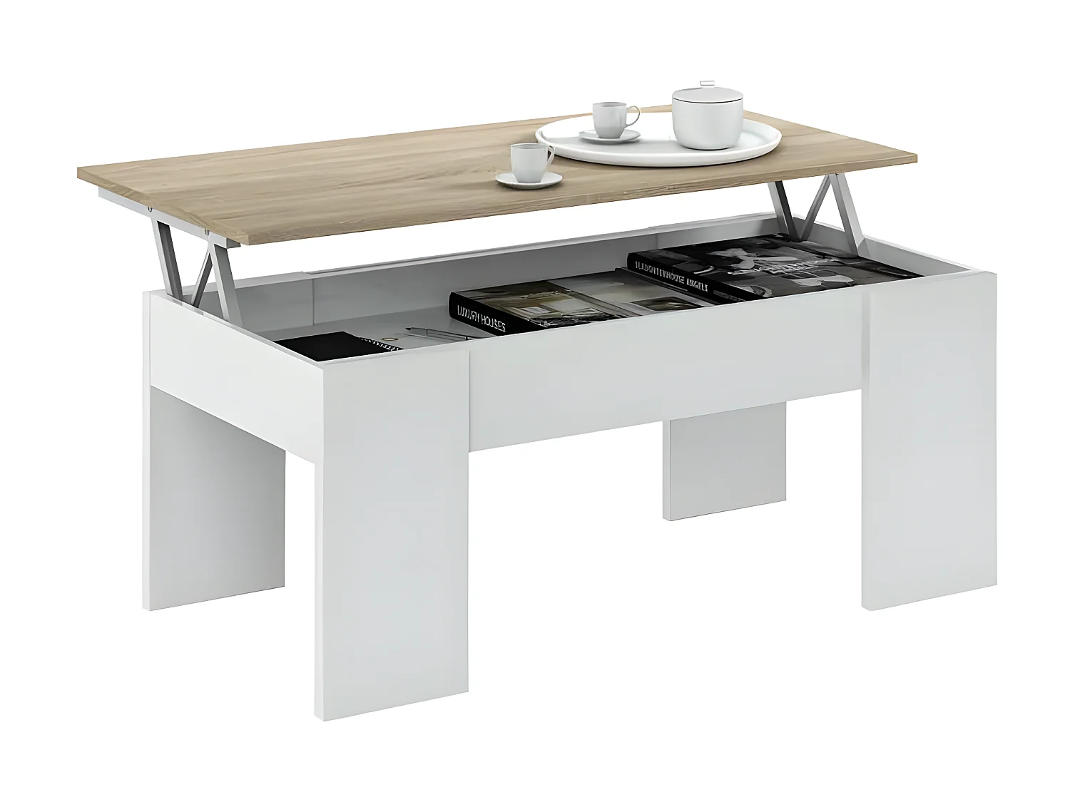 Table basse relevable Blanc/Chêne clair - IRVINE - L 100 x l 50 x H 45/56 cm